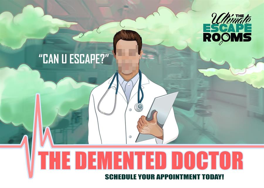The Demented Doctor escape room artwork: a masked doctor holding a clipboard in a smoke-filled operating theatre