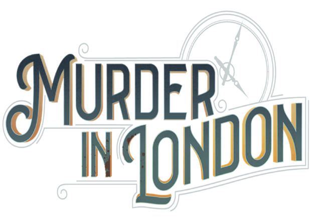 Murder in London escape room artwork: a Victorian title treatment with a clock face and blood spatter